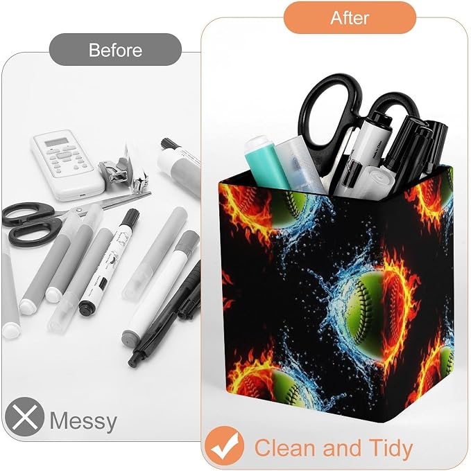 Women's Fashion Pencil Pen Holder Cup, Waterproof Office Supplies, Waterproof Multifunctional Office Supplies Ice Water Fire Flame Softball Baseballs