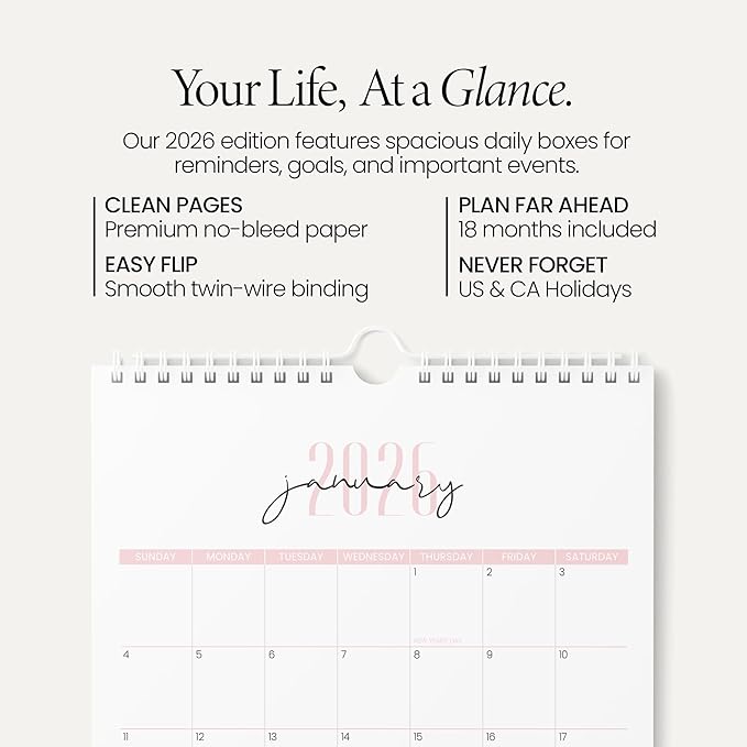Karto Wall Calendar 2026-2027 - Vertical 8.5x11 inch January 2026 to June 2027 - Boost Your Productivity and Easy Planning with the Aesthetic Monthly Calendar - Two Font Pink