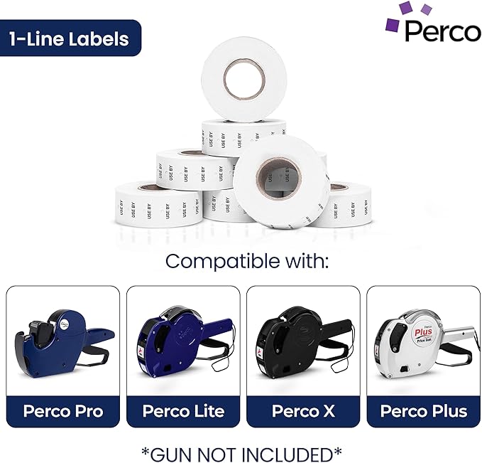 Perco 1 Line USE BY Labels - 80 Rolls, 10 Sleeves, 80,000 Blank Date Gun Labels for Perco 1 Line Date Guns - Made in USA