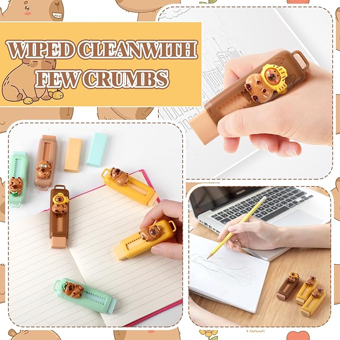 Gersoniel 48 Pack Capybara Retractable Erasers 24 Pcs Push-Pull Rubbers with 24 Pcs Refill Rubbers for Capybara Lovers Office Supply Gifts