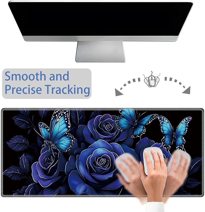 Mouse Pad Gaming Mousepad 31.5x11.8 Inch XXL Large + Coasters,Desk Mat with Stitched Edges, Non-Slip Rubber Base, Thick Mouse Pad for Computer, Laptop, Office & Home - Blue Rose Butterfly