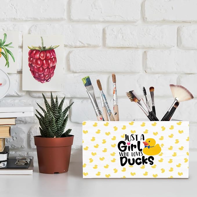 Yellow Duck Pen Holder for Desk, Gifts for Duck Lovers Pencil Organizer, Just a Girl Who Loves Ducks Wooden Box Sign Desk Decor for Home Office Decoration