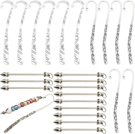 12 Pcs Beadable Bookmarks DIY Metal Blank Bar Bookmark for Beads Metal Bookmark Hairpin Hook Carved Antique Vintage Bookmarks Gift for Book Lovers Student Teacher Office Supplies (Silver)