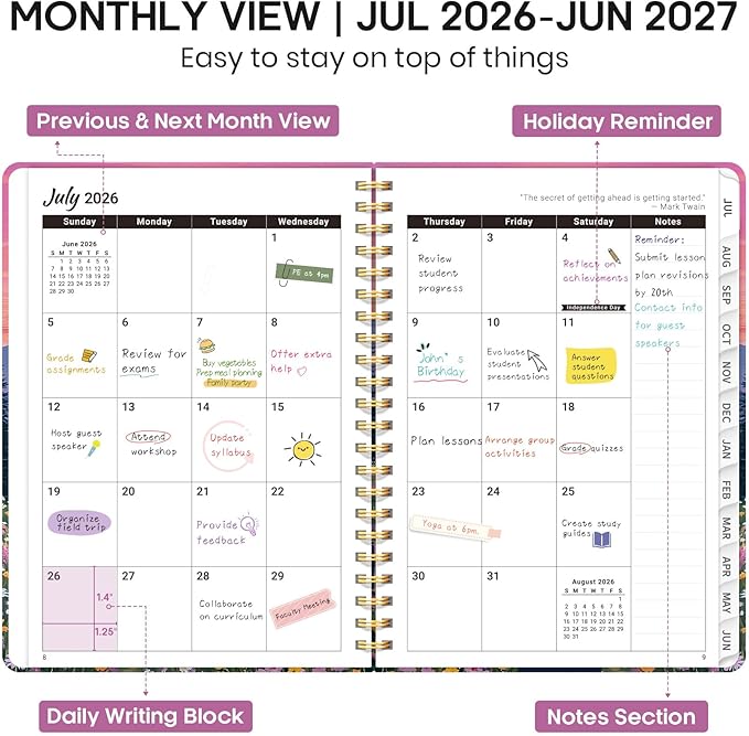 Academic Planner 2026-2027, Weekly and Monthly Calendar Book, July 2026 – June 2027, Hardcover Planner with Tabs, Perfect for Teachers, Students, Women & Men, A5 (6.4" x 8.5") - Hills