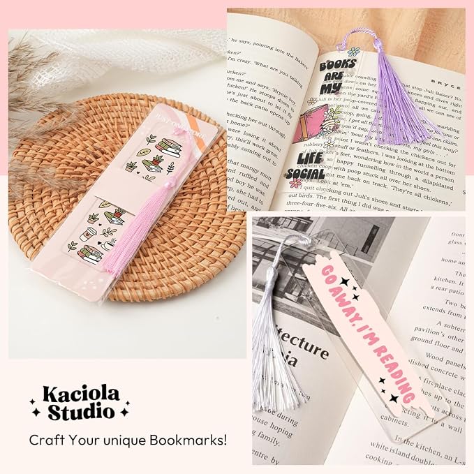 Kaciola 24PCS Acrylic Bookmark Blanks with 24PCS Booklover Theme UV DTF Stickers and 4 Colors Tassels,Blank Bookmarks UV DTF Transfers Stickers for DIY Crafts Hanging Tag Gift Bookmarks DIY