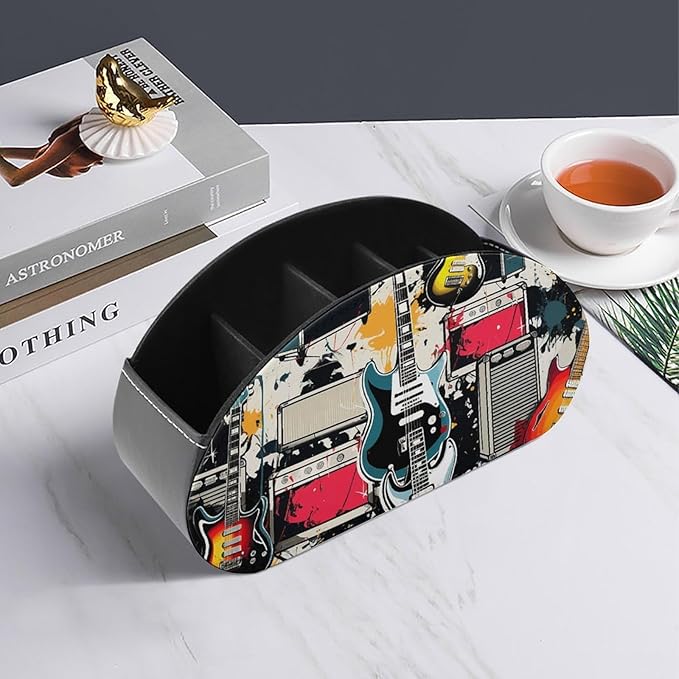 Rock Music Pattern Remote Control Organizer PU Leather Storage 5 Compartment Controller Holder Multi-functional Brush Organizer Box Office Supplies Caddy for Bedside