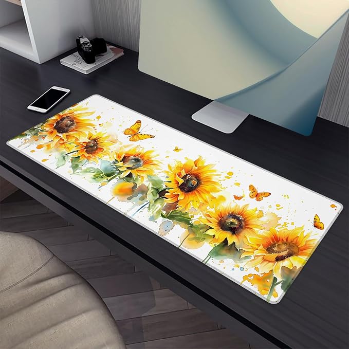 Sunflower Mouse Pad，Yellow Butterfly Gaming Keyboard Mat，Laptop Computer Protector with Non-Slip Rubber Base，Large Extended MousePads Gifts for Desk Office Home，Deskmat Decor 31.5" x 11.8"