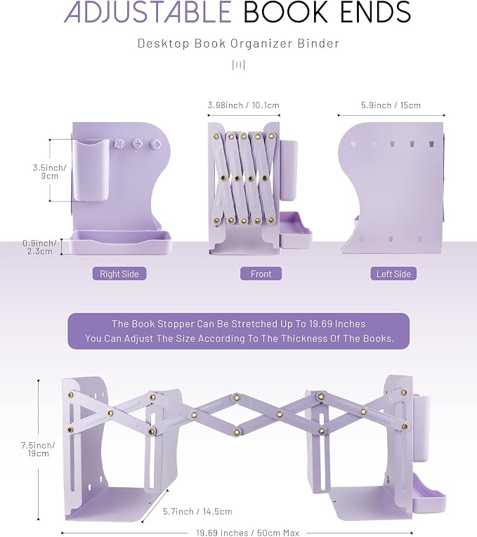 Heavy Duty Bookends Adjustable Book End, Desk Book Holder for Shelves, Book Organizer for Desk, Suitable for Office Home School (19.69 inches Max) (Purple)
