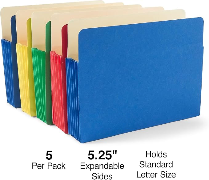 Staples Expanding File Pockets, Letter Size, Extra‑Capacity 5.25‑Inch Expansion, Durable Construction, Assorted Colors – 15/Carton