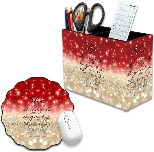 Pen Holder and Anti-Slip Mouse Pad Combination, Makeup Brush Storage Box, Tableware Storage Box, Suitable for Office and Home - Red Glitter Quote Proverbs 31-25