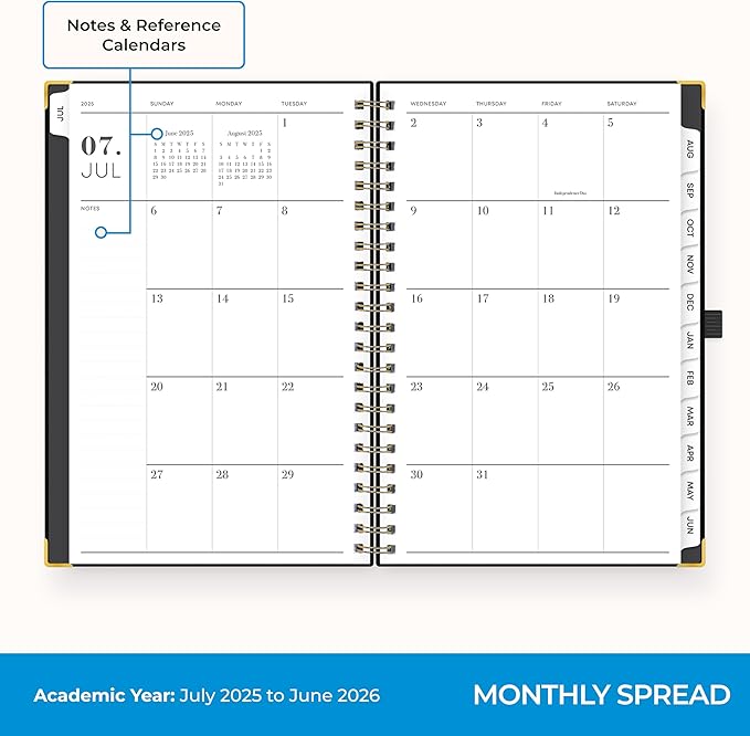 Blue Sky 2025-2026 Weekly and Monthly Academic Year Planner Calendar, July 2025 - June 2026, 5" x 8", Faux Leather Cover, Wirebound, Storage Pocket, Laminated Tabs, Black