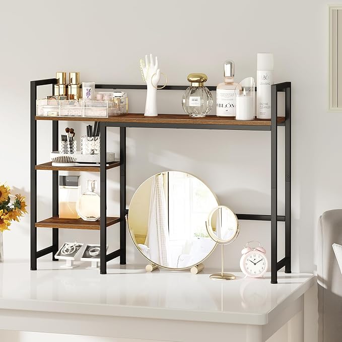 38.6" Desk Shelf with 3 Tier Open Shelves, Bookshelf and Deskshelf to Combined for Computer Desk, Desk Hutch for Top of Desk, Bookshef for Dorm or Office, Adjustable Shelf, Rustic Brown