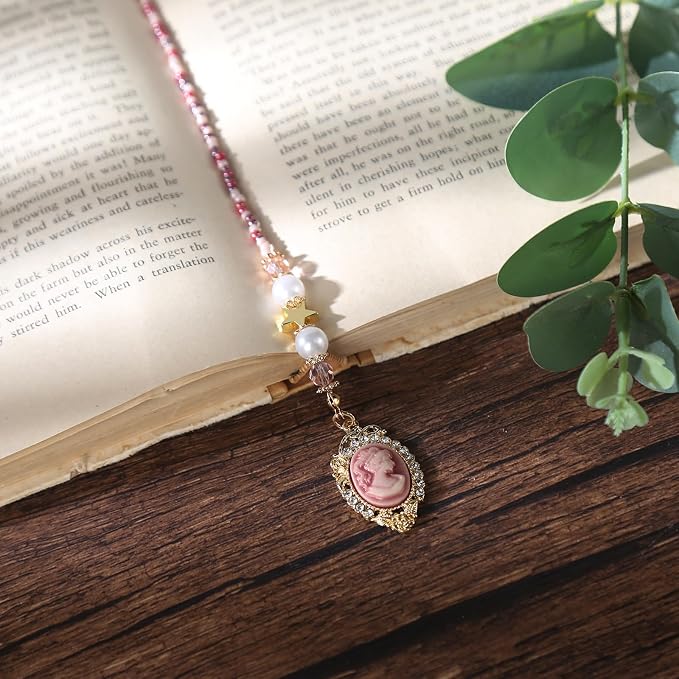 Vintage Cameo Beaded Bookmark - Pink Gold Beads Book Mark with Butterfly for Women, Unique Aesthetic Accessories Bookish Gifts for Booklovers Students Teachers