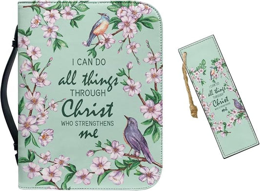 Christian Scriptures Psalms Birds and Flowers Leather Bible Cover with Handles,Green Zippered Bible Carrying Case for Women, Bible Tote Bag, Christian Gifts,X-Large