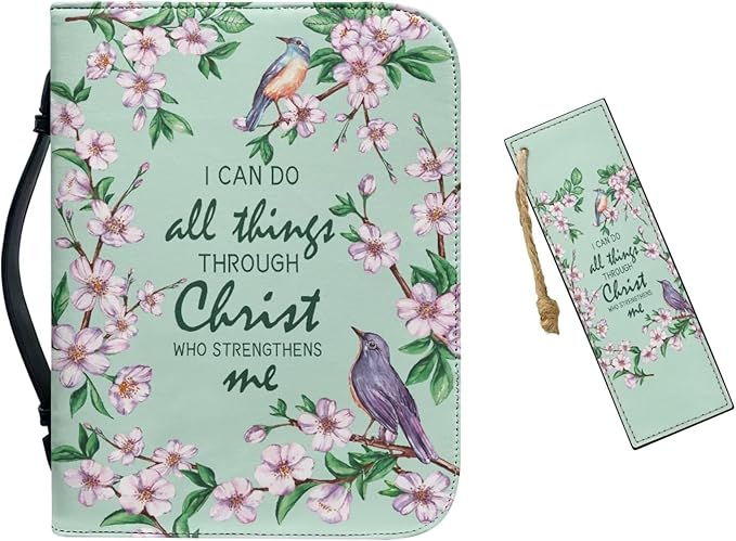 Christian Scriptures Psalms Birds and Flowers Leather Bible Cover with Handles,Green Zippered Bible Carrying Case for Women, Bible Tote Bag, Christian Gifts,Christian Gifts,Medium