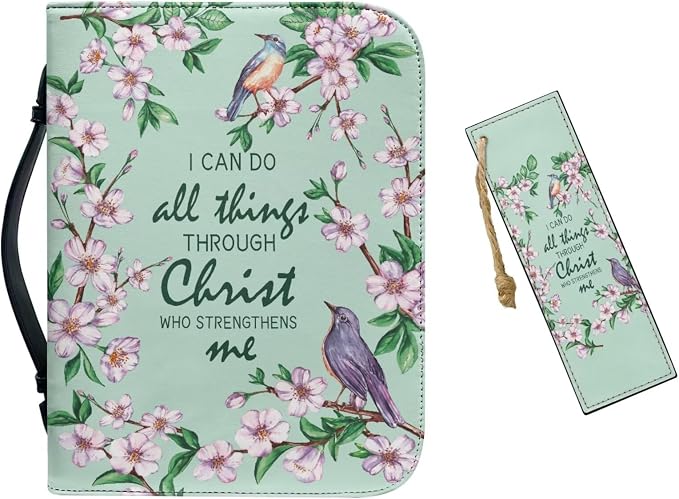 Christian Scriptures Psalms Birds and Flowers Leather Bible Cover with Handles,Green Zippered Bible Carrying Case for Women, Bible Tote Bag, Christian Gifts,Christian Gifts,Small