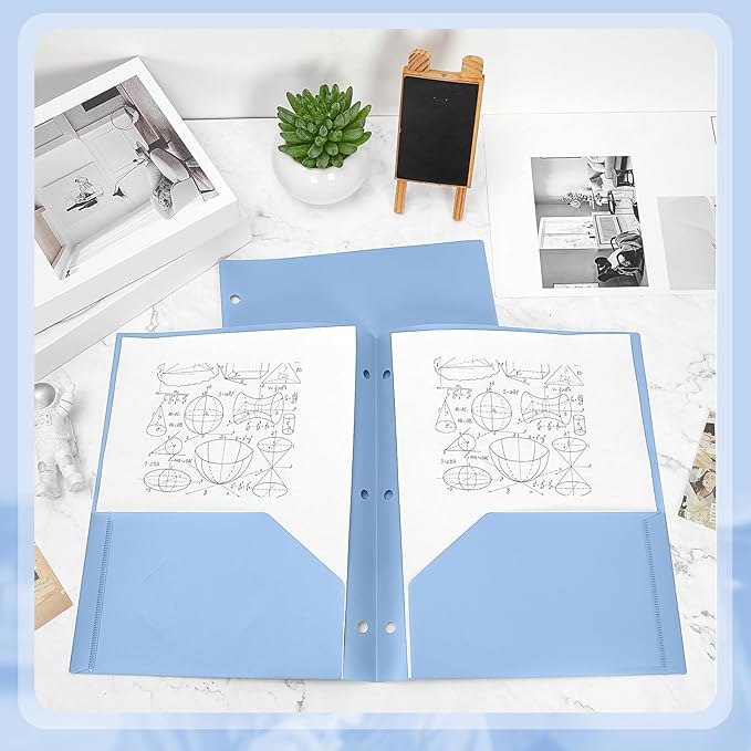 Yeaqee 50 Pcs Plastic Folders with Pockets Bulk 3 Hole Punched 2 Pocket File Folders for 3 Ring Binder Divider Folder for Notebooks, Durable Poly for Office Home (Haze Blue)