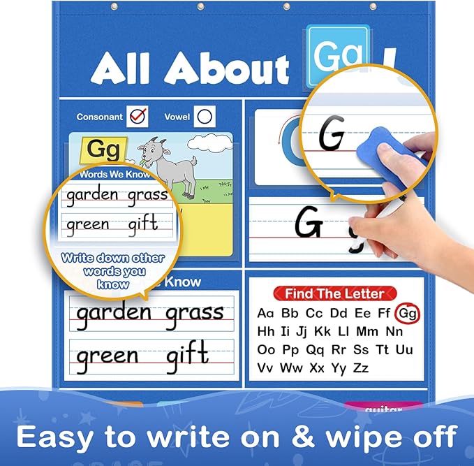 Torlam Alphabet Learning Pocket Chart Alphabet Wall Chart ABC Flash Cards Learning Games, Handwriting Practice Letter Tracing for Kids Homeschool Preschool Kindergarten Learning Activities Must Haves
