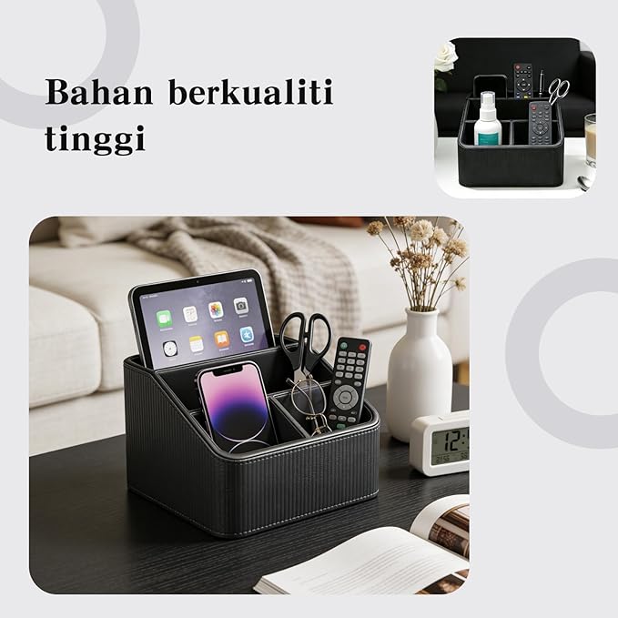 4-Compartment Remote Control Holder, PU Leather Remote Control Caddy & Small Desk Organizer, Stylish Multifunctional Desktop Organizer for Home Nightstand Office Supplies (Black)