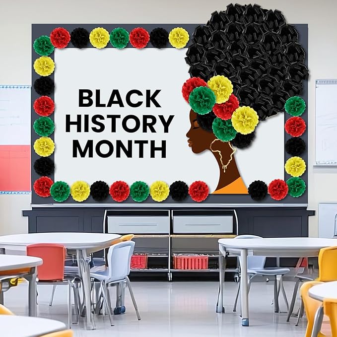 Hahafelt 77 Pcs Large Bulletin Board Decor 34.7 x 53.2 Inches Black Women Portrait Decor 6 Inch Paper Flowers 4.7 Inch Pull Bows for Classroom African American Celebration(Black History Month Green)