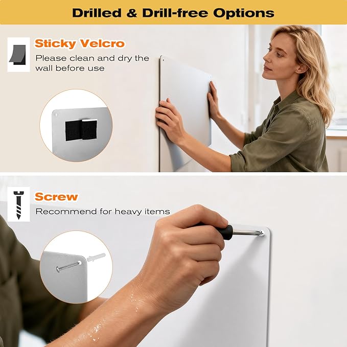 24" x 36" Magnetic Board, Silver Magnet Bulletin Board to Display Magnetic Letters, Metal Board for Wall, Refrigerator Photo, with Dual Lock Tape and Screws, Marker Pen
