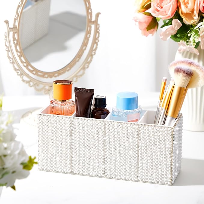 Bling Desk Organizer for Women, Rhinestone Pen Makeup Brush Holder, Girly Desk Accessories Organizer for Office Classroom Elevate Your Workspace with Serenity (Pearl,White)