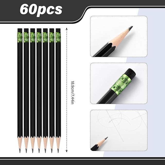 TecUnite 60 Pcs HB Pencils #2 Unsharpened Wood Cased Pencils with Eraser Hexagonal Pencil Cute Graphite No 2 Pen for Adults Gifts Exam School Office Sketching Learning(Black, Green)