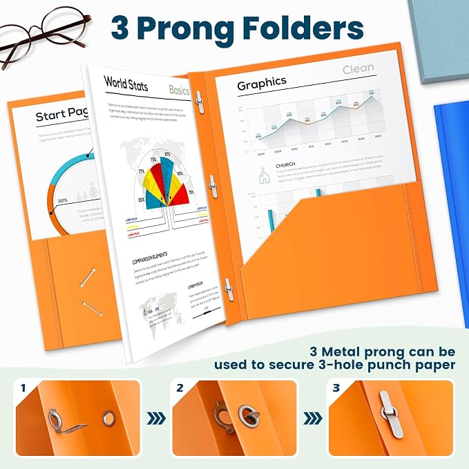 V-Opitos 36 Packs 2 Pocket Folders with 3 Prongs Fastener Clasps, Bulk Heavy Duty Plastic Folders, Multicolor Files Folders in 6 Colors for School and Office
