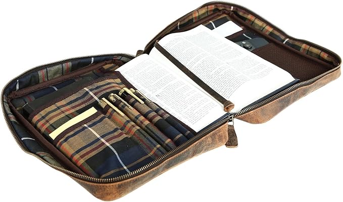 Leather Bible Cover for Men & Women – Zippered Bible Case with Handle, Note & Pen Organizer – Fits Large Study Bible – 11.5x8.5 Inch (Hunter)