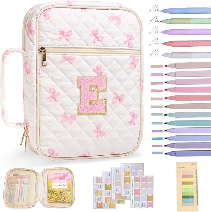 Personalized Initial Bible Cover Case for Women Girls Kid Large Bible Cover with Durable Handle Quilted Bible Carrying Case for Girls Bible Study Supplies Accessories (Pink Bow E, one Size)