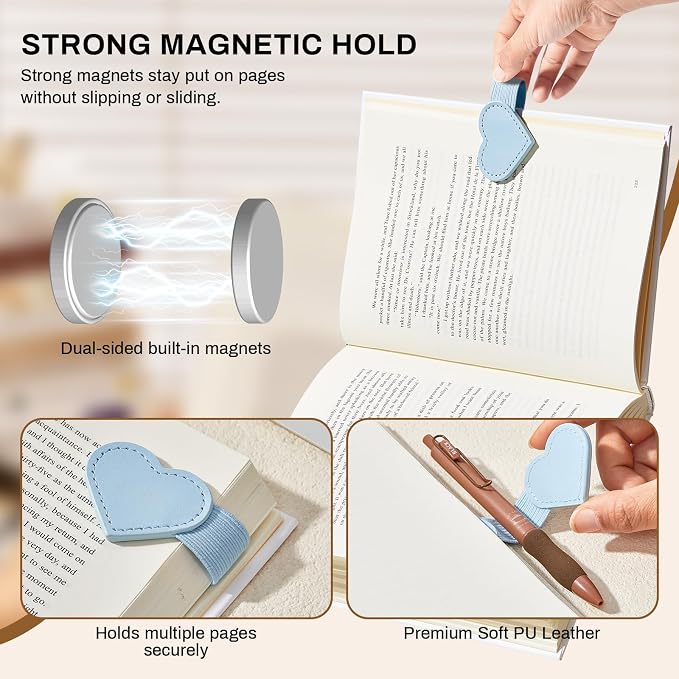 2Pcs Magnetic Leather Bookmarks with Gift Box, Heart-Shaped Magnetic Pen Holder Book Marks Clip Gift for Book Lover Readers Cute Bookmark for Women, Light Blue