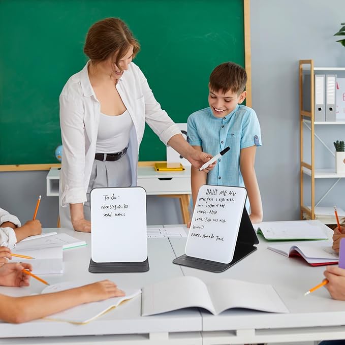 Dunzoom 2 Pcs Small Glass Desktop Whiteboard with Reversable Stand 8 x 6 Inch Mini Dry Erase White Board Easel with 2 Markers Reusable Desk Notepad for Home Office School Supplies (Black)