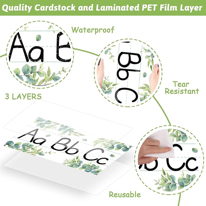 12 Pieces Alphabet Bulletin Board Strips Set Greenery Alphabet Line ABC Alphabets Banner & Number Border Posters for Preschool Kindergarten Classroom Bedroom Playroom (Eucalyptus)