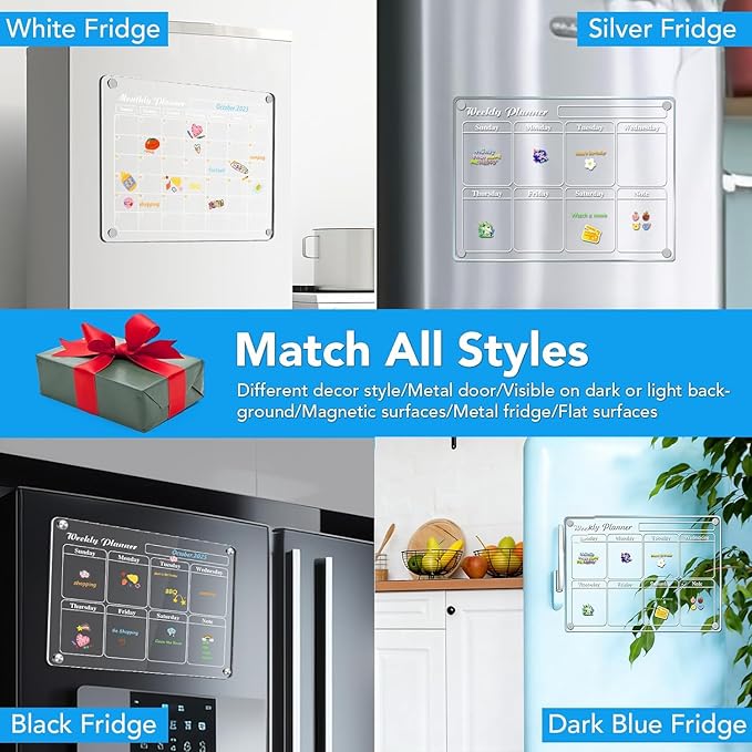 MIKEDE 2 Pack Acrylic Magnetic Calendar for Fridge, 15.2"x11.2" Reusable Dry Erase Magnetic Board with 6 Color Highlight Markers, Monthly and Weekly Planner with Strong Fridge Magnets for Refrigerator