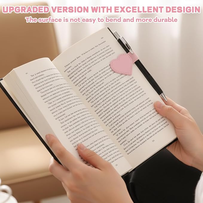 4 PCS Magnetic Leather Bookmarks with Pen Holder Gift Box, Heart-Shaped Magnetic Book Marks, Bookmark Magnetic, Magnetic Page Markers for Book Lovers, Teachers, Students, (Pink+Blue)