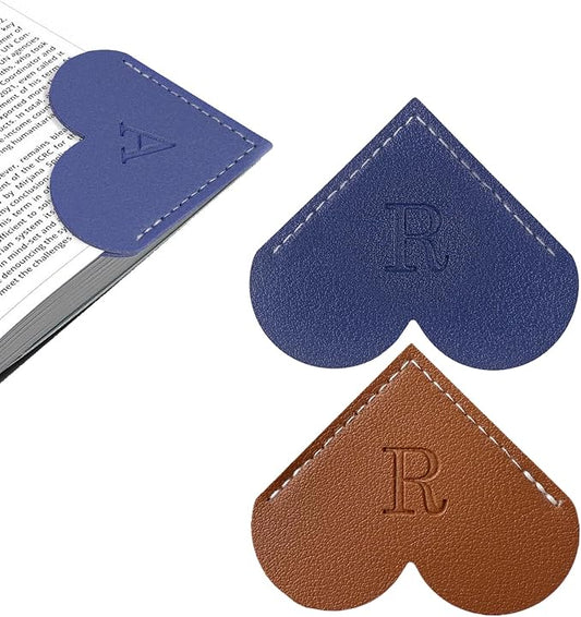 2Pcs Personalized Leather Heart Bookmark with Initial, 26 Letters Custom Corner Page Book Mark for Reading Women, Book Lovers, Teachers, Students, Cute Book Accessories Gifts(Blue+Dark Brown, R)