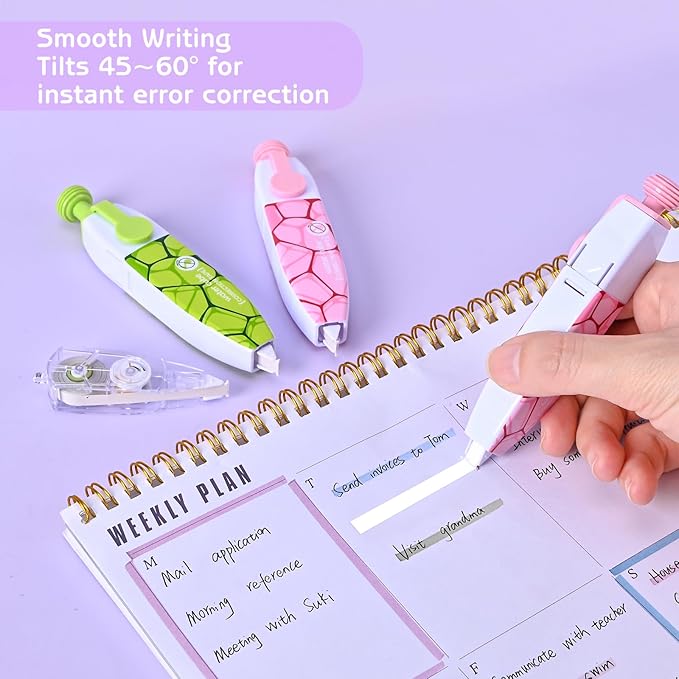 Valitner White Correction Tape, Retractable Correction Tapes with 4 Extra Refills, Refillable White Pull Out Pens, Instant Corrections Easy to Use Applicator for School Office Supplies (Green & Pink)