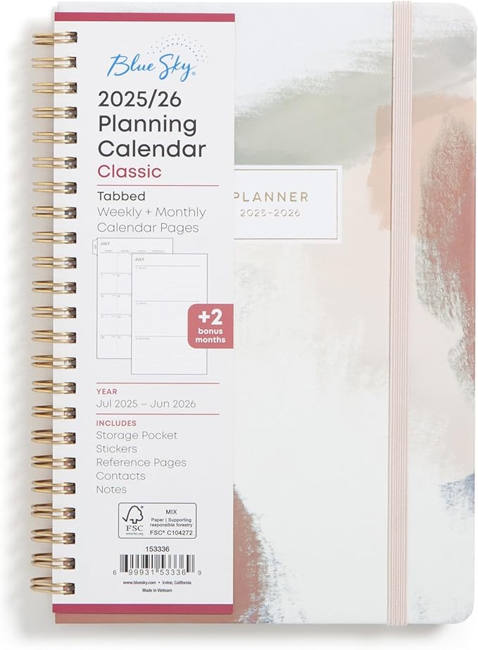 Blue Sky 2025-2026 Weekly and Monthly Academic Year Planner Calendar, July 2025 - June 2026, 5" x 8", Hard Cover, Wirebound, Storage Pocket, Laminated Tabs, Stickers, Ansel