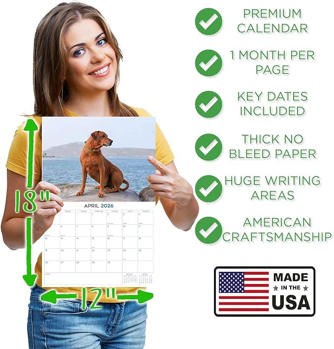 2025 2026 Rhodesian Ridgeback Calendar - Dog Breed Monthly Wall Calendar - 12" x 18" Open - Thick No-Bleed Paper - Giftable - Academic Teacher's Planner Calendar Organizing & Planning