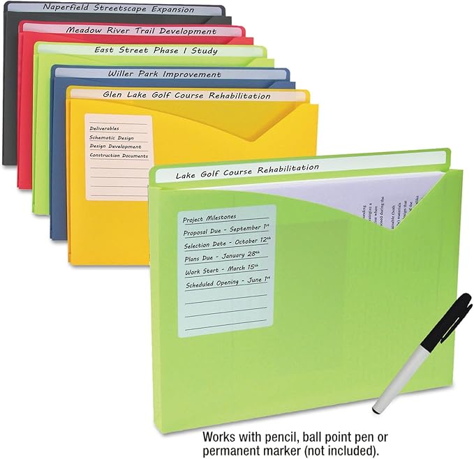 C-Line 63160 Write-On Expanding Poly File Folders, 1-Inch Exp, Letter, Assorted Colors, 10/BX