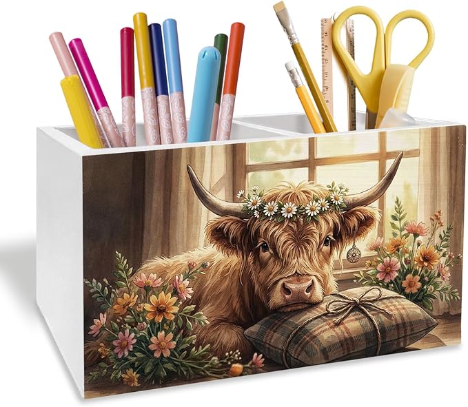 Rustic Floral Highland Cow Pen Holder for Desk, Highland Cow Gifts Pencil Organizer, Farmhouse Flower Wreath Cozy Heifer Wooden Box Sign Desk Decor for Home Office Decoration