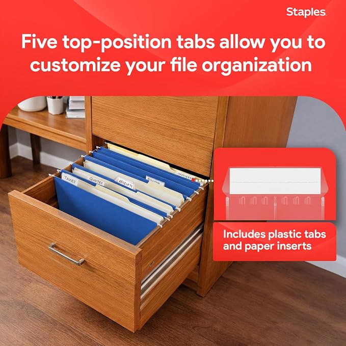 Staples Hanging File Folders, Letter Size, Blue, 5‑Tab, 1/5‑Cut Tabs, Includes Tabs & Inserts – 25/Pack