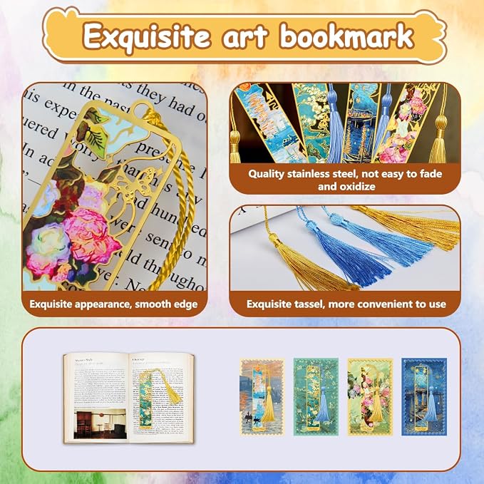 Kinsound Metal Bookmarks with Tassel, Golden Van Gogh Monet Oil Painting Theme Cute Hollow Book Markers for Reading Women, Teachers, Students, Reading Accessories Gifts for Book Lovers (Style B(4PCS))