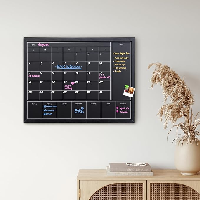 3-in-1 Chalkboard Calendar for Wall, Magnetic Monthly & Weekly Calendar, 31.5x23.6 inches Blackboard for Wall with Black Wood Frame, Hanging Chalkboard for Decor/Memo(YL+ZL-HB-BK,6080)