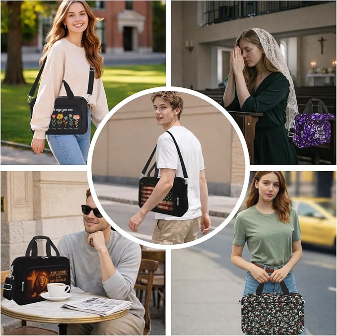 Large Bible Bags for Women Organizer with Bible Cover Case, Bible Cover with Shoulder Strap & Journaling Kit, Pens and Highlighters Cross Clip for Bible Study & Church, Gift for Mom - Flower