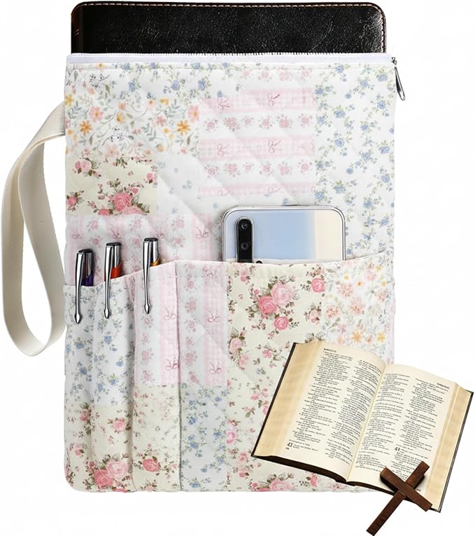 Gilprop Bible Book Sleeve with Zipper 11" x 9" Padded Protector Washable Quilted Book Covers Printed Bible Pouch with Handle Pockets Protector for Books Lover Christian Gifts(Spliced Flower)