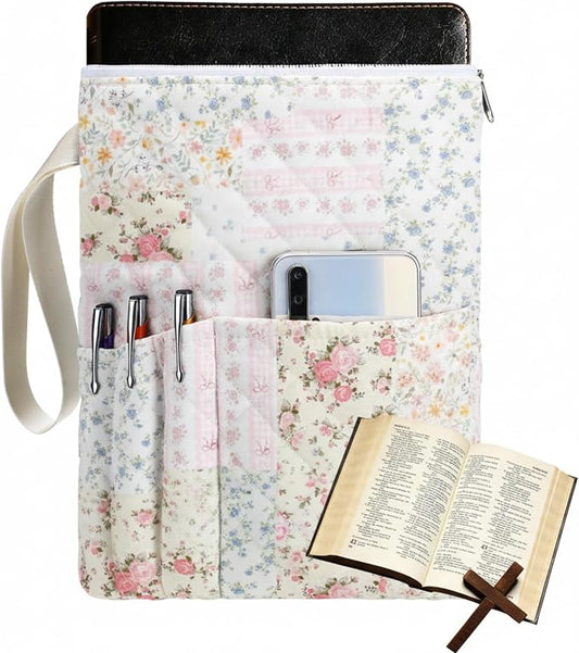 Gilprop Bible Book Sleeve with Zipper 11" x 9" Padded Protector Washable Quilted Book Covers Printed Bible Pouch with Handle Pockets Protector for Books Lover Christian Gifts(Spliced Flower)