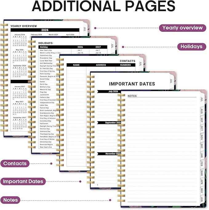 Planner 2026-2027, Academic Monthly and Weekly Calendar Planner for Women, July 2026 - June 2027, Hardcover Pretty Agenda Planner Book with Tabs, Spiral Daily Organizer for School Office Home Supplies, 6.3" x 8.5" - Plum Reverie