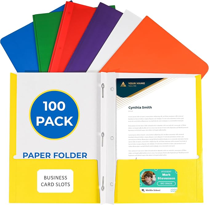 100 Pack Assorted Colors 2 Pocket Paper Folders. EPI Heavy Duty, Bulk Folders with Pockets, Prongs and Business Card Slots. Letter Size Document Organizers. Durable Portfolio for School, Office Files