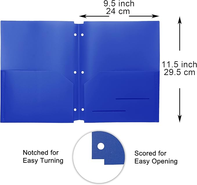 Youngever 6 Pack Heavy Duty Plastic Two Pocket Folders, Binder Dividers with Pocket, 3 Hole Punch Folder with Notches, Binder Folders (Dark Blue)